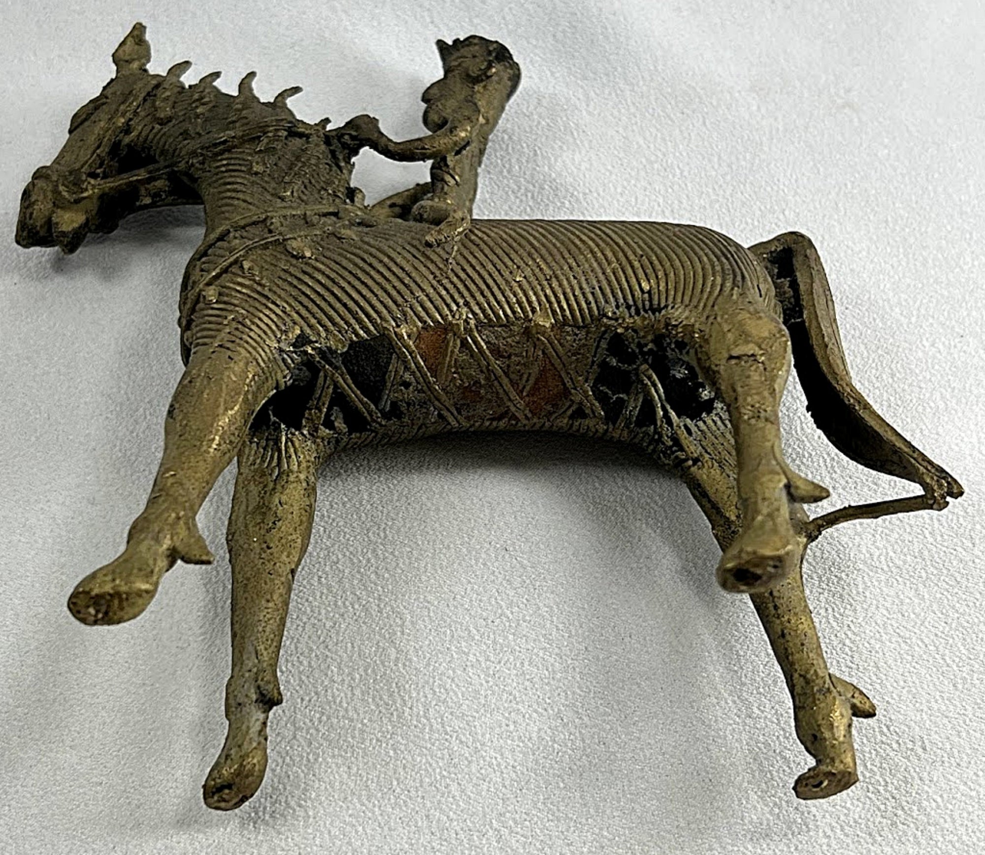 ANTIQUE BRASS DHOKRA Horse and Warrior bottom view full
