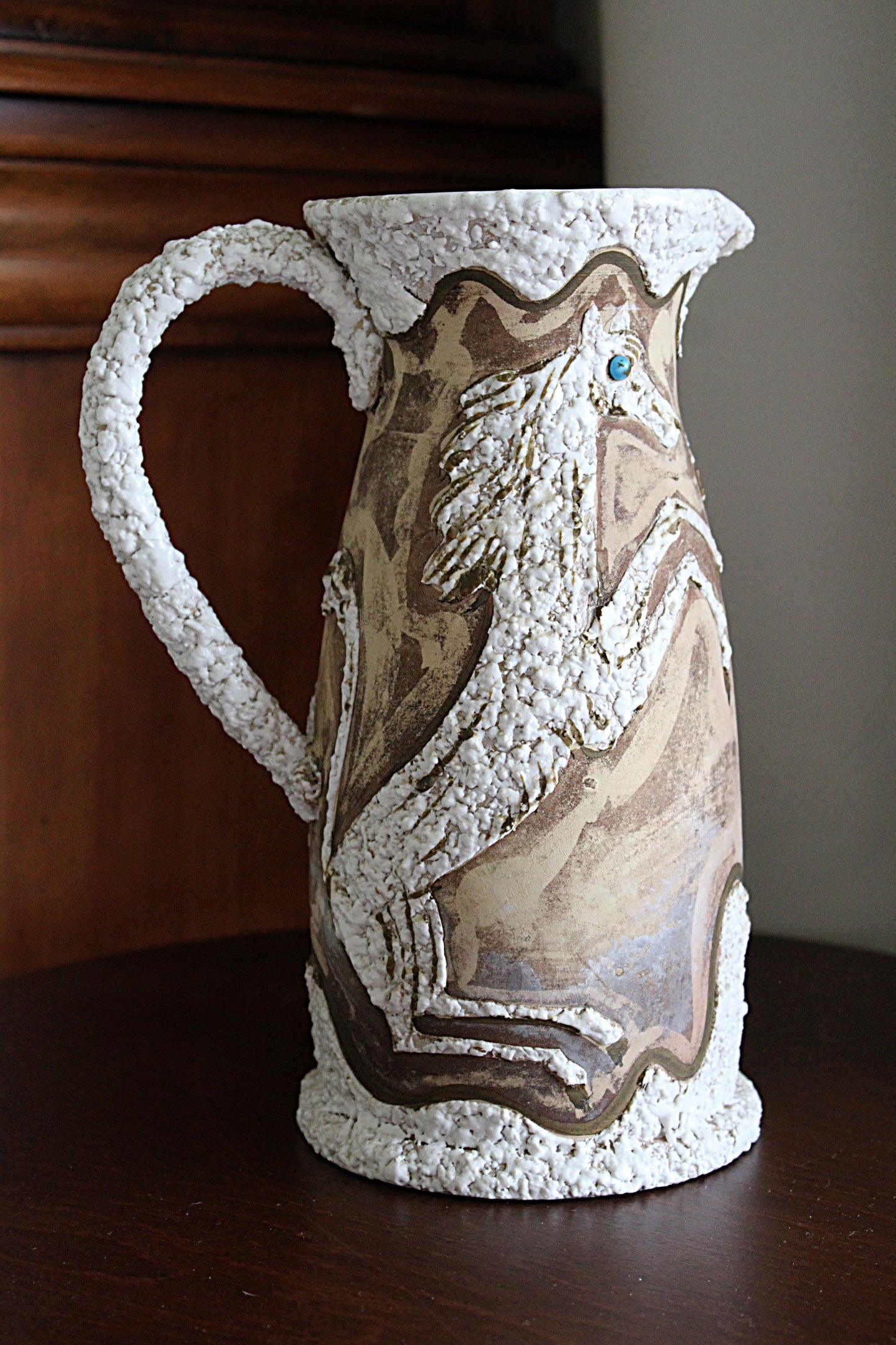 Vintage ITALIAN FAT LAVA Pitcher Mid Century Modern Horse and Cat Motifs