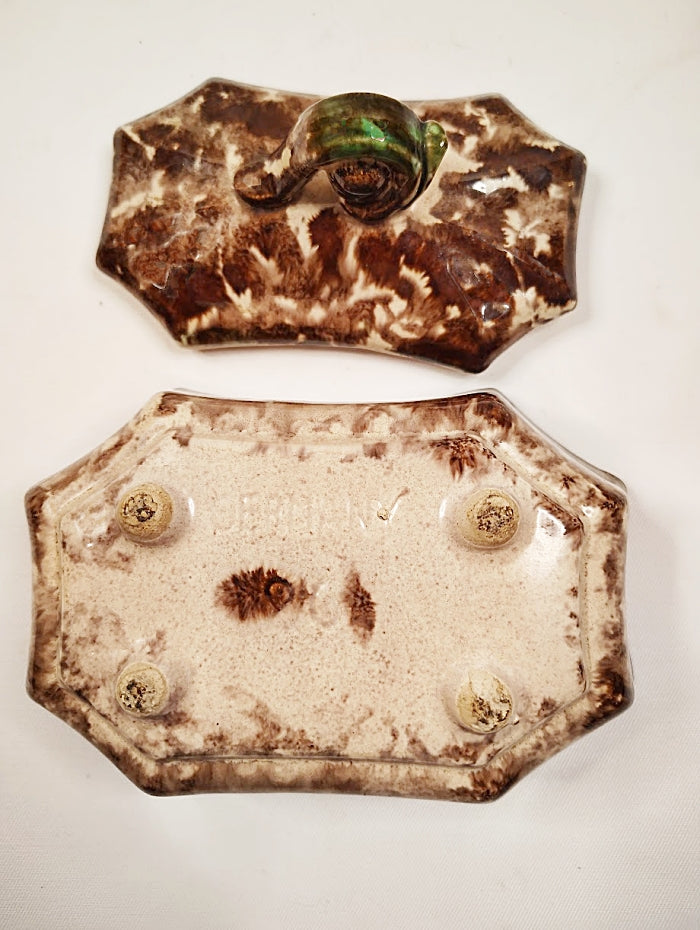 Antique Lidded Sponged Pottery Box from Germany shwing top and bottom with marks