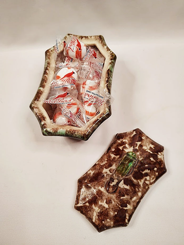 Antique Lidded Sponged Pottery Box from Germany lid off with wrapped red and white peppermint candies