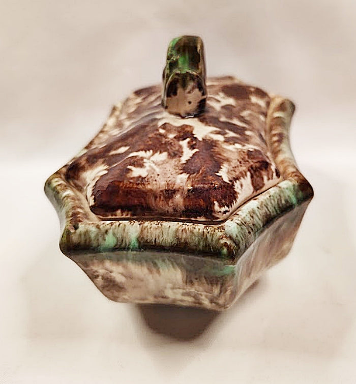 Antique Lidded Sponged Pottery Box from Germany-end view lid on