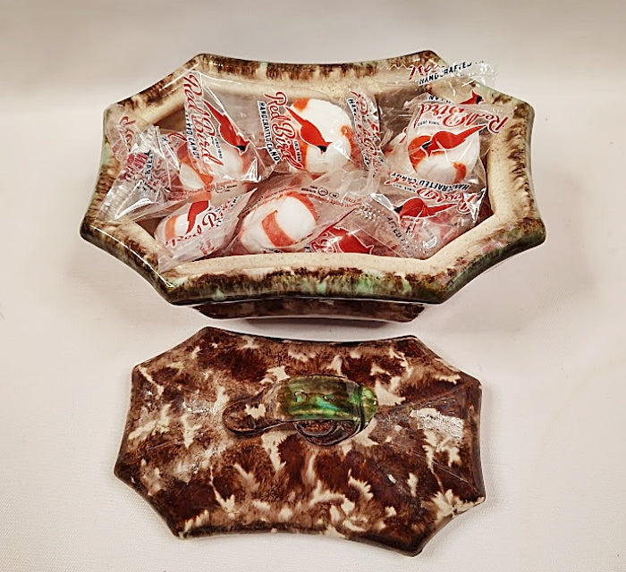 Antique Lidded Sponged Pottery Box from Germany Lid off shown filled with peppermint balls