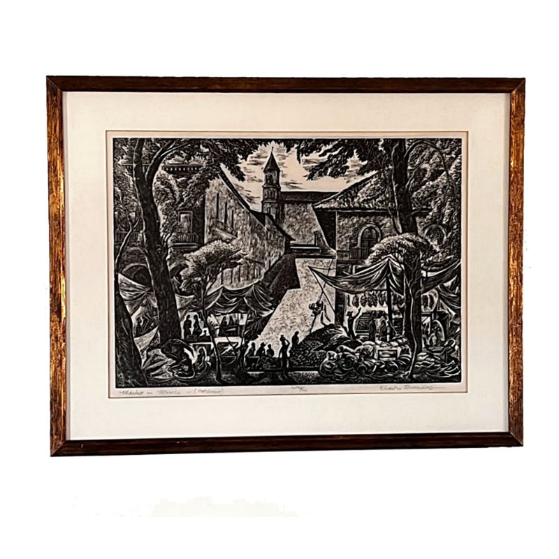 Vintage CHARLES SURENDORF Linocut Large Framed First Edition of Market in Patzcuaro, Mexico