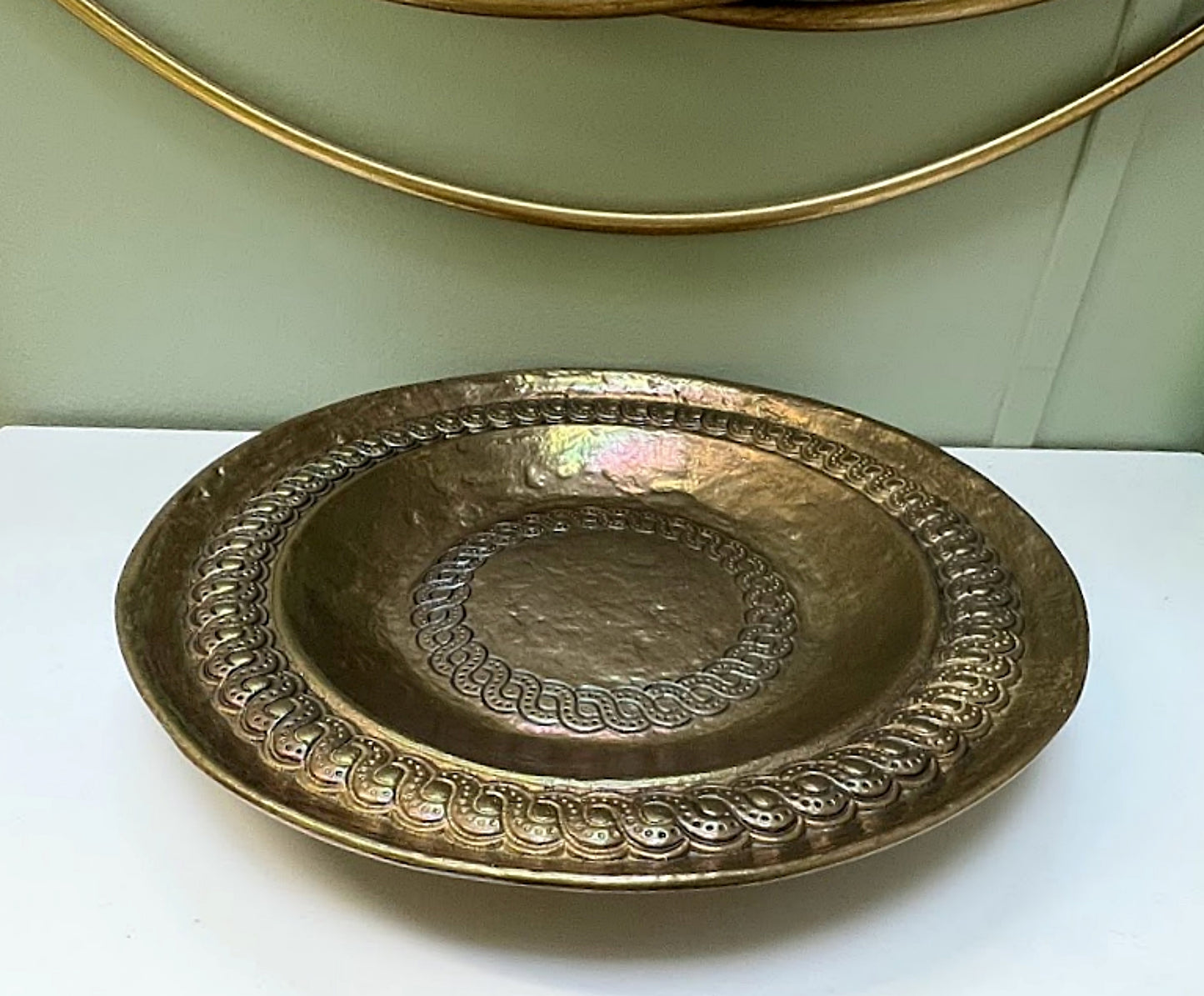 Vintage ITALIAN BRASS TRAY Hand Hammered Signed 11.5 Inch Diameter