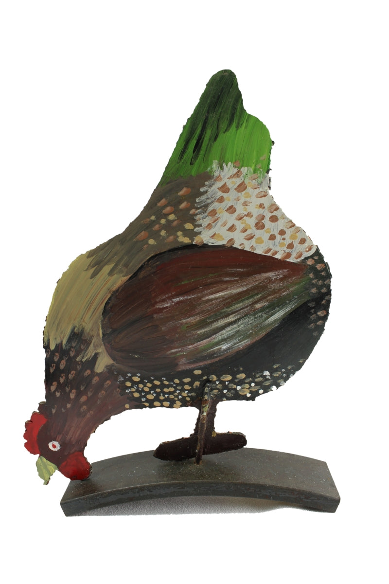 Vintage Doorstop Folk Art Pecking Chicken Painted Iron Two-Sided
