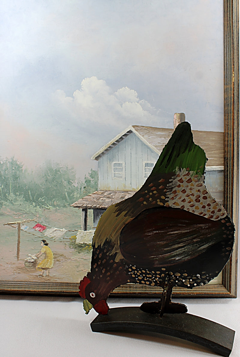 Vintage Doorstop Folk Art Pecking Chicken Painted Iron Two-Sided