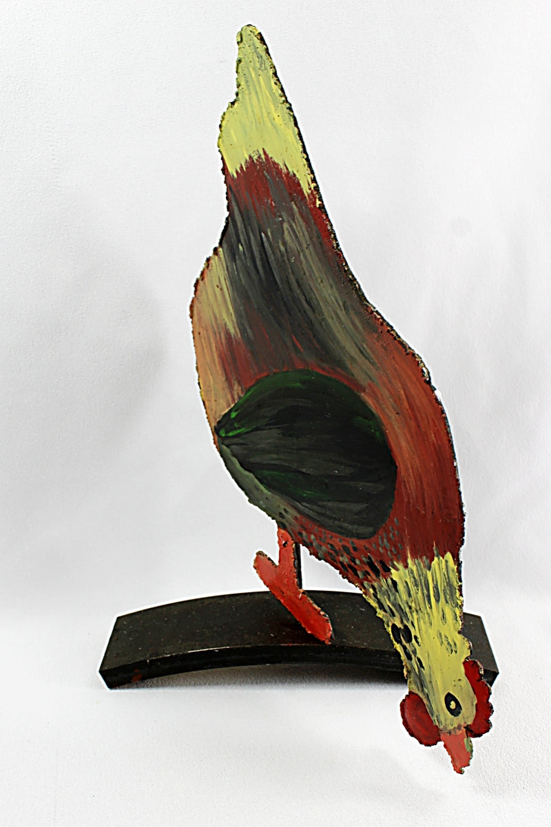 Vintage Doorstop Folk Art Pecking Chicken Painted Iron Two-Sided