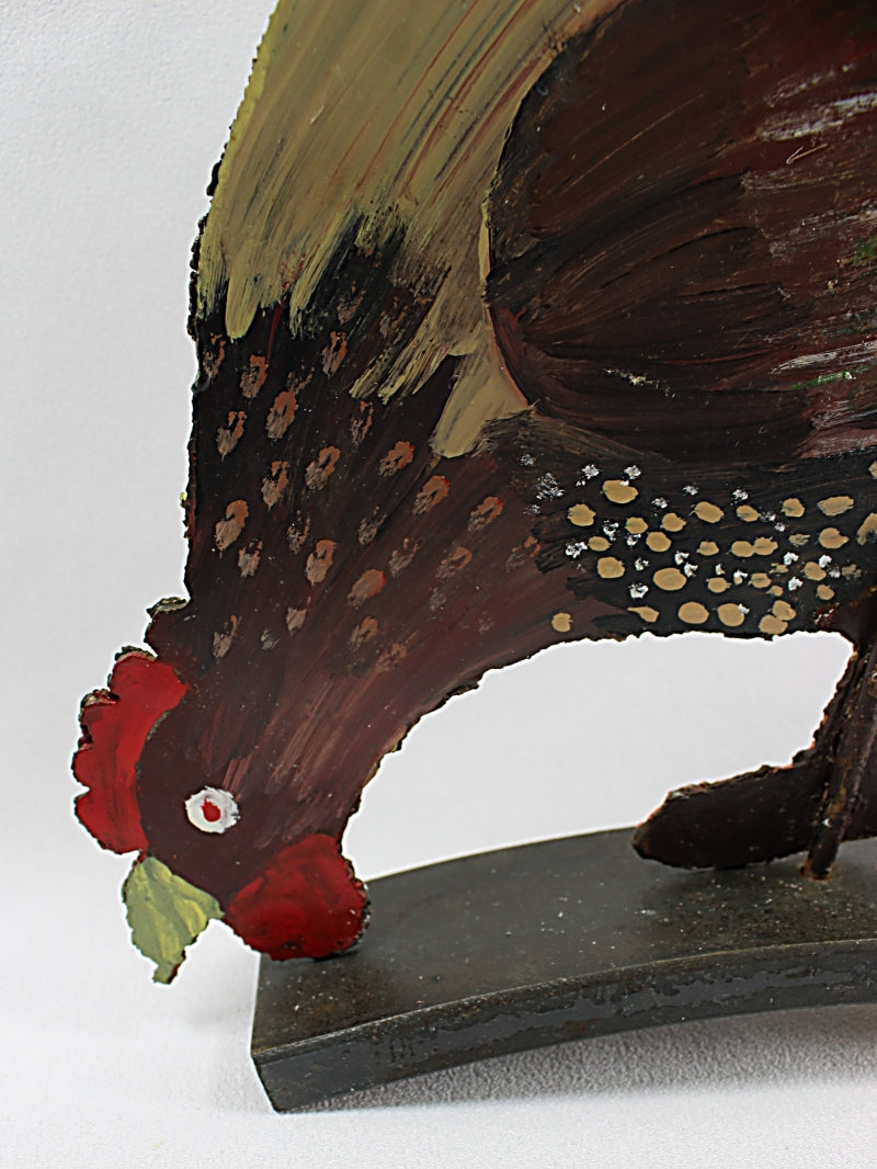 Vintage Doorstop Folk Art Pecking Chicken Painted Iron Two-Sided