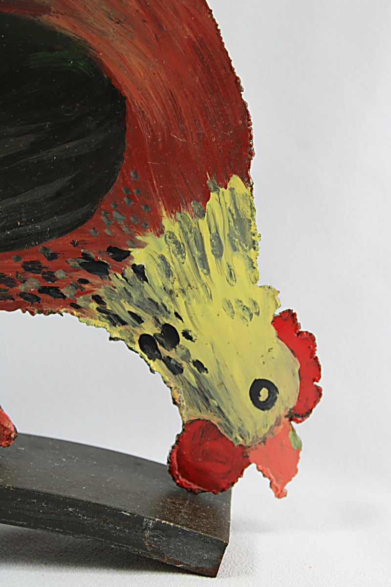 Vintage Doorstop Folk Art Pecking Chicken Painted Iron Two-Sided