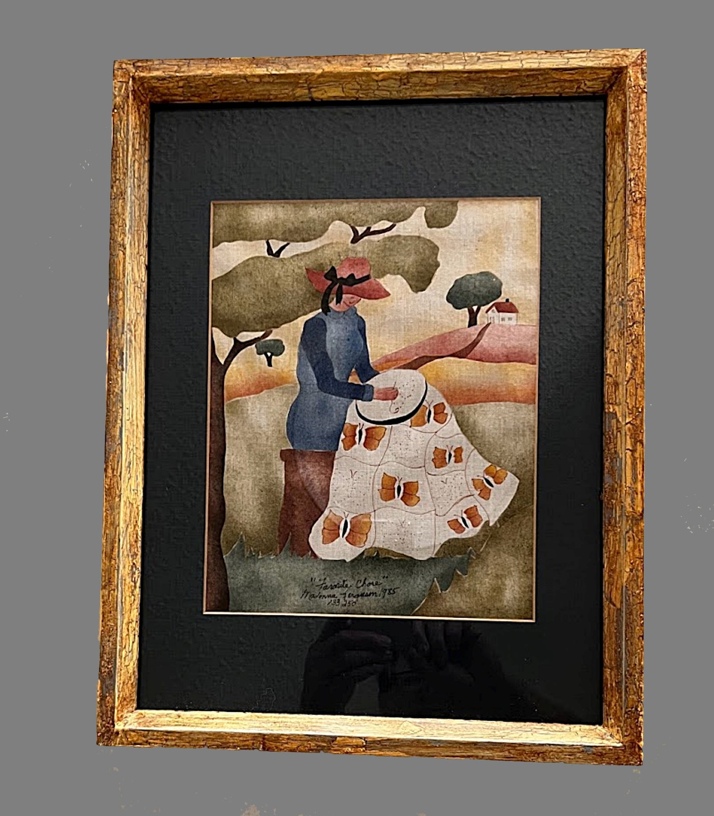 Vintage MADONNA FERGUSON  Hand Stenciled Fabric Art Signed and Dated 1985 with COA