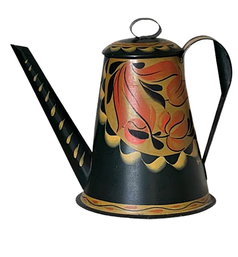 Tole Painted Tin Coffee Pot Signed by George Burton No Background