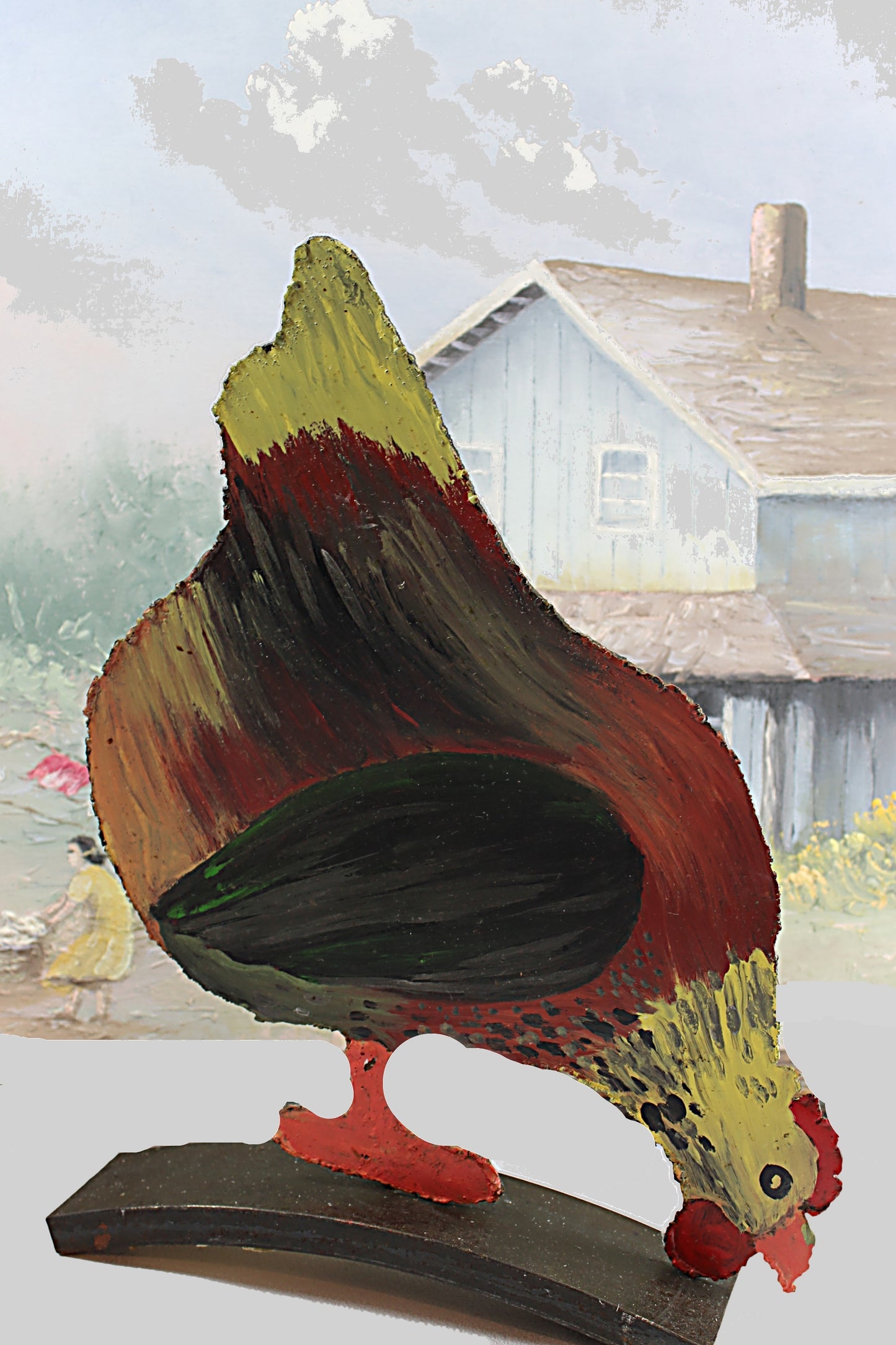 Vintage Doorstop Folk Art Pecking Chicken Painted Iron Two-Sided