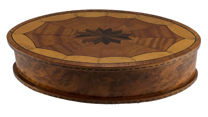 ANTIQUE PARQUETRY Oval Lidded Wooden Box Handmade Walnut