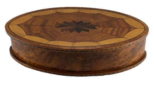 ANTIQUE PARQUETRY Oval Lidded Wooden Box Handmade Walnut