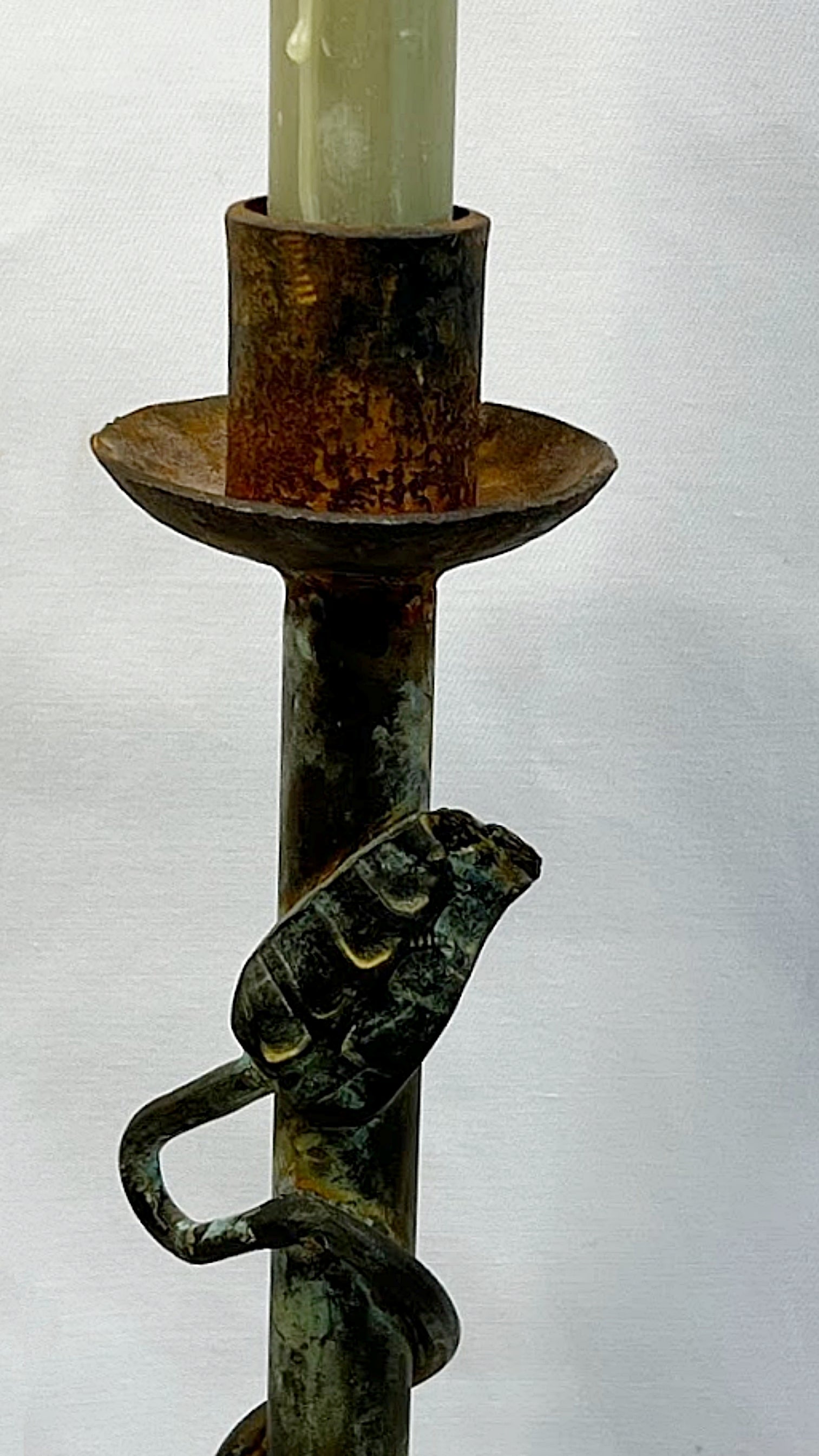 Vintage Single Tall Iron Candlestick Rusty Verdigris