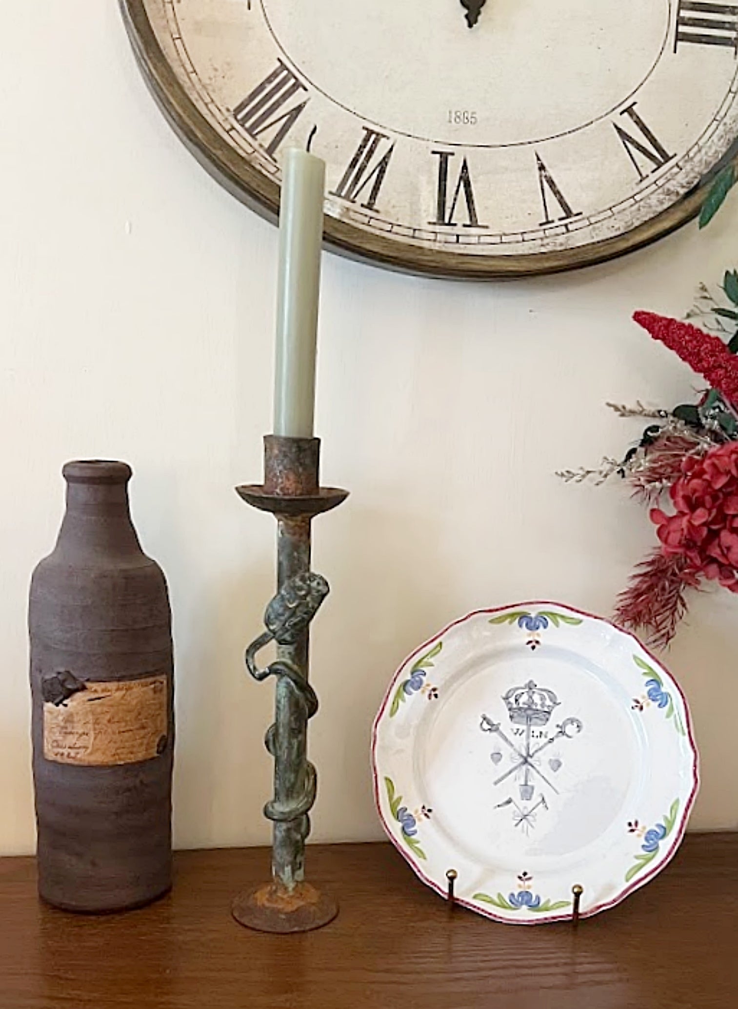 Vintage Single Tall Iron Candlestick Rusty Verdigris