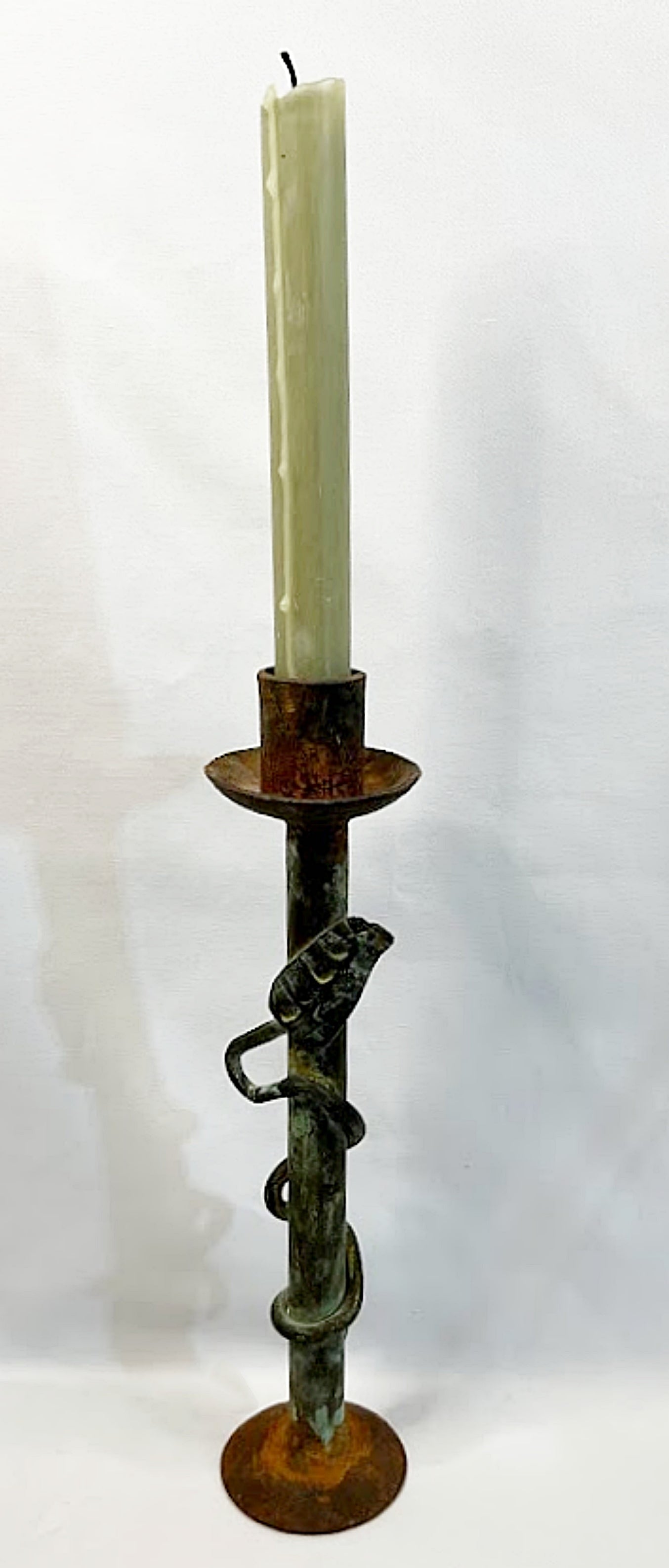 Vintage Single Tall Iron Candlestick Rusty Verdigris