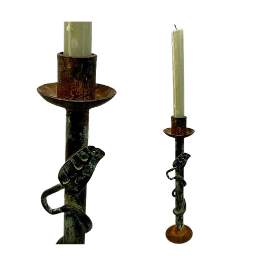 Vintage Single Tall Iron Candlestick Rusty Verdigris