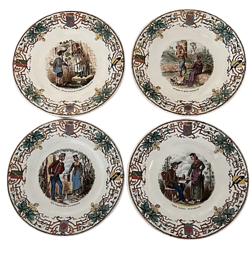 Antique Sarreguemines France Four Faience Plates Alsace Pattern by Utzschneider & Cie
