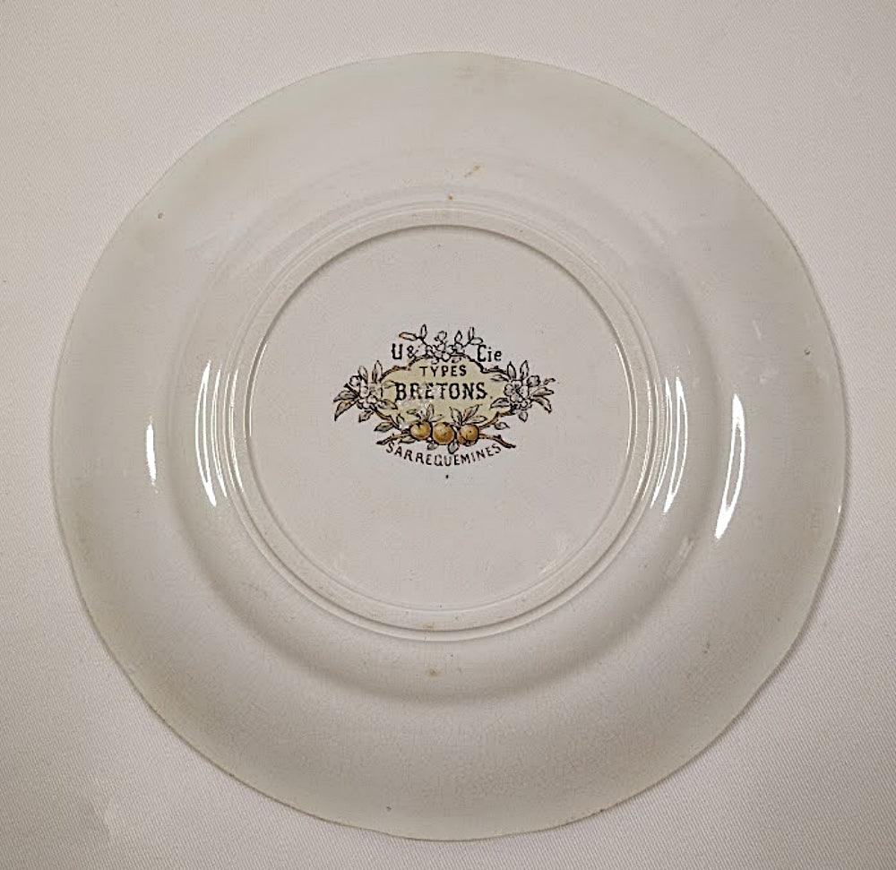 Antique FRENCH SARREGUEMINES PLATE Types Bretons Pattern Back view