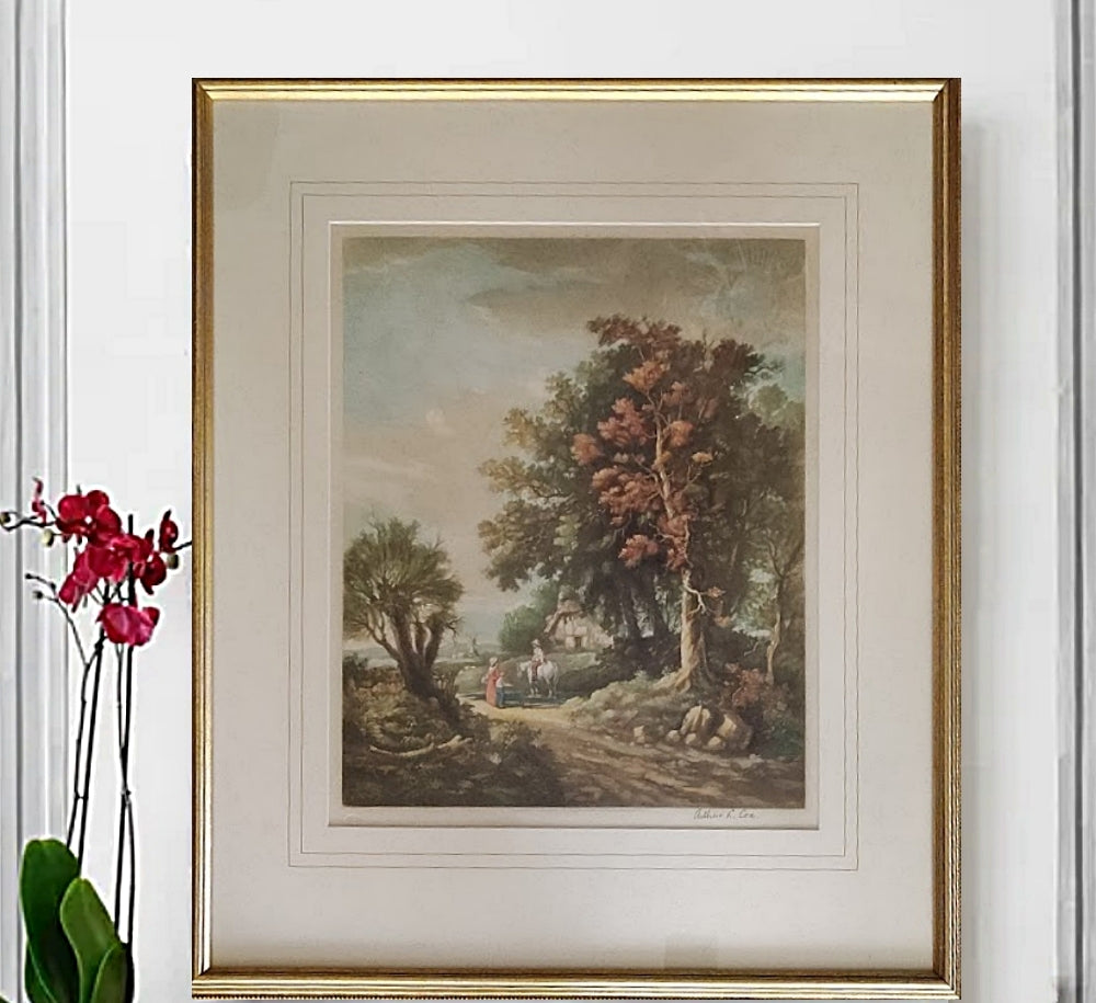 English Landscape Constable's Country Framed Mezzotint with Flower