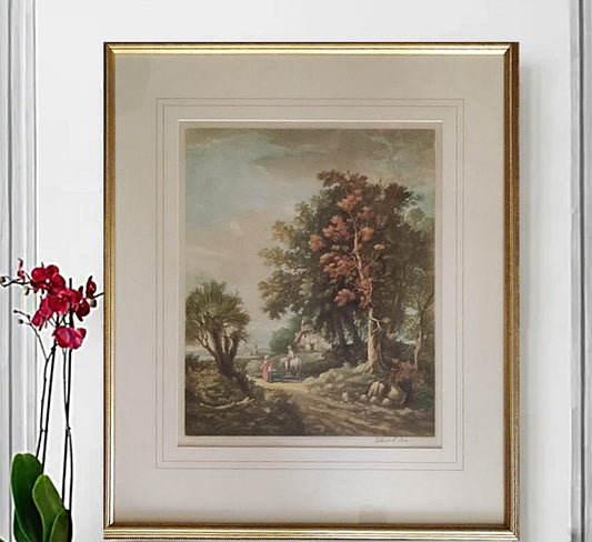 English Landscape Constable's Country Framed Mezzotint with Flower