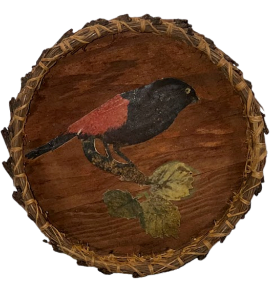 Pine Needle Basket with CHILD's FOLK ART Decoupage circa 1940