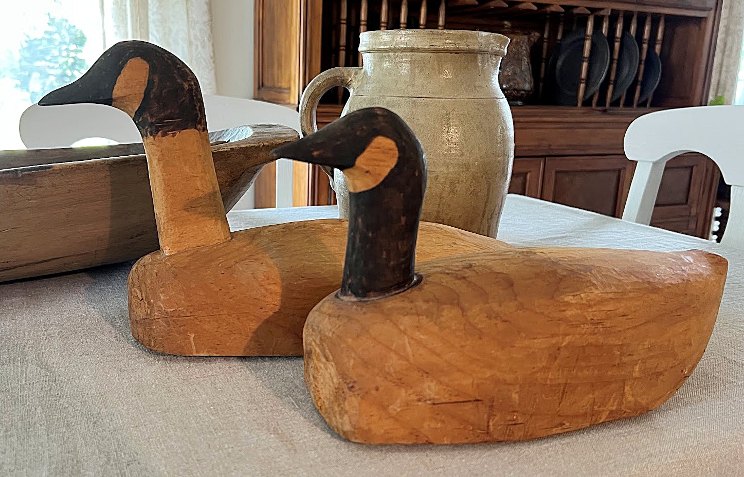 Vintage MAINE FOLK ART Decoys Pair of Primitive Hand Carved Pine Canada Geese