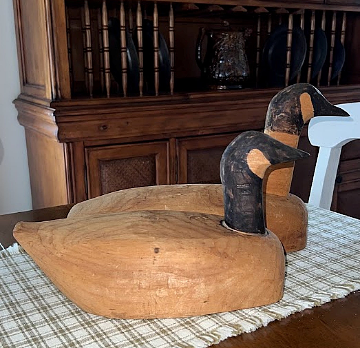 Vintage MAINE FOLK ART Decoys Pair of Primitive Hand Carved Pine Canada Geese