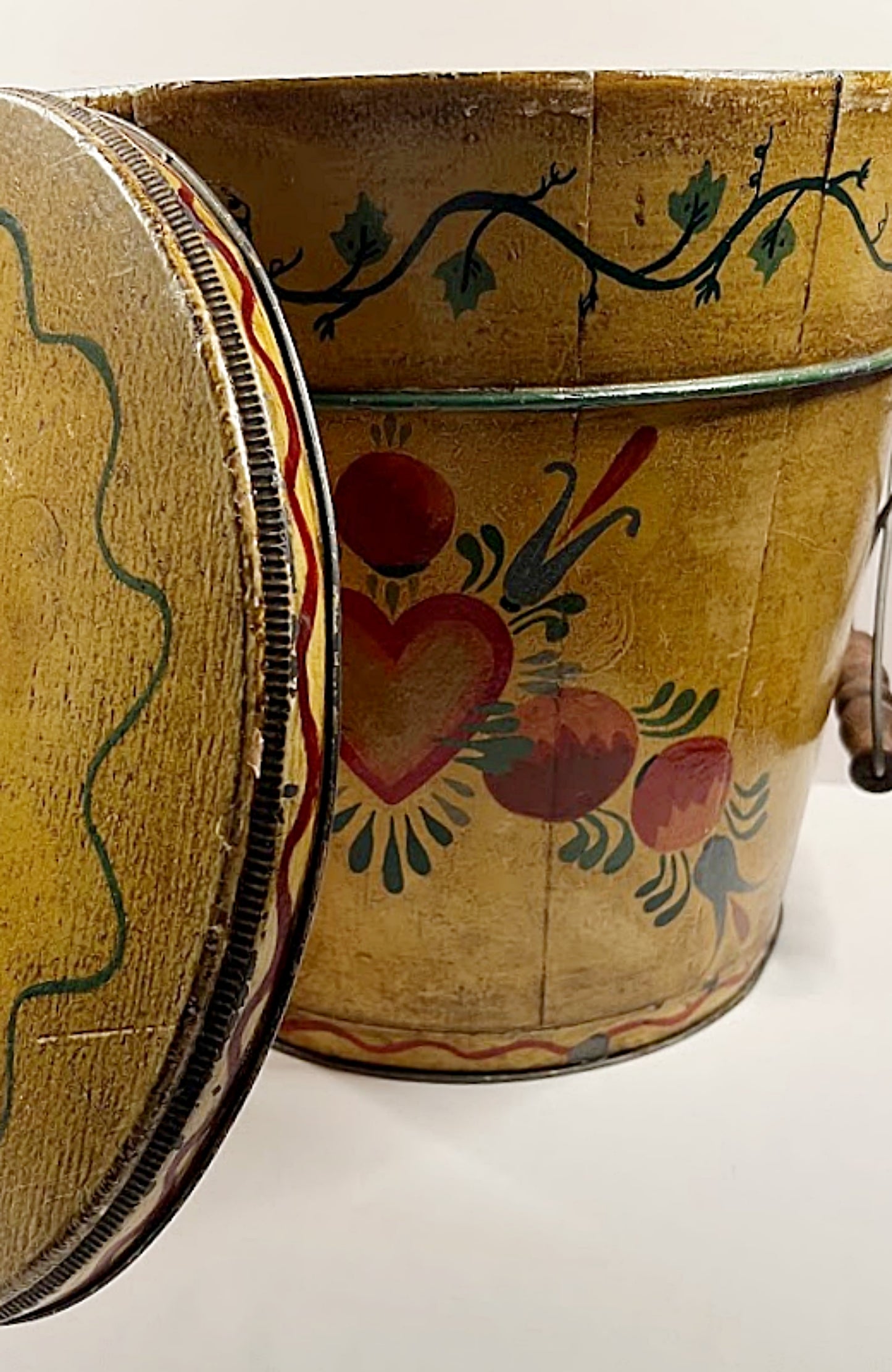 Antique Lidded Wooden Bucket Hand Painted Folk Art