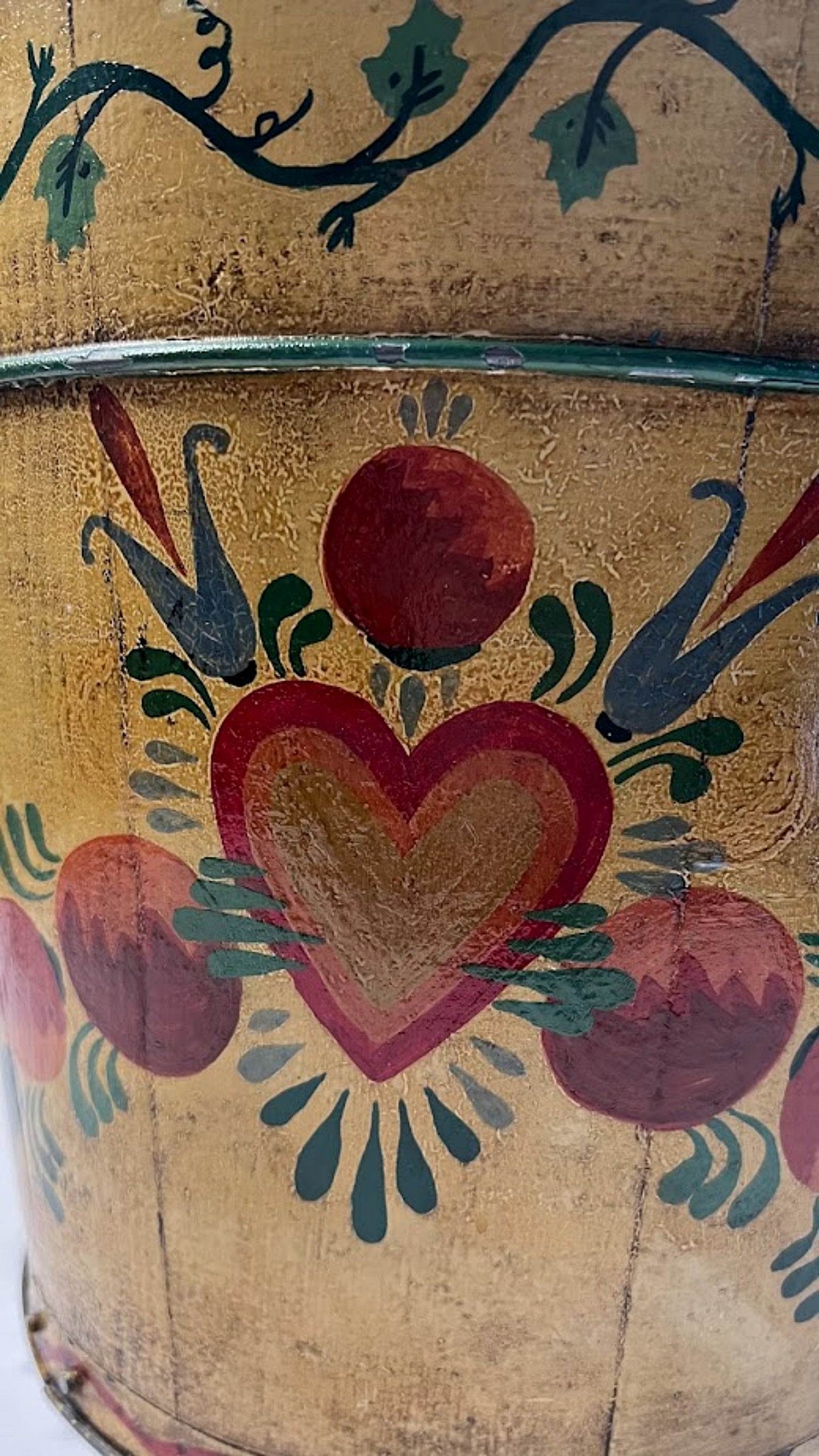 Antique Lidded Wooden Bucket Hand Painted Folk Art