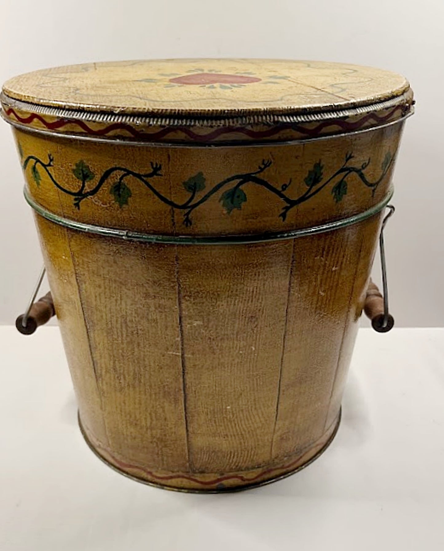 Antique Lidded Wooden Bucket Hand Painted Folk Art