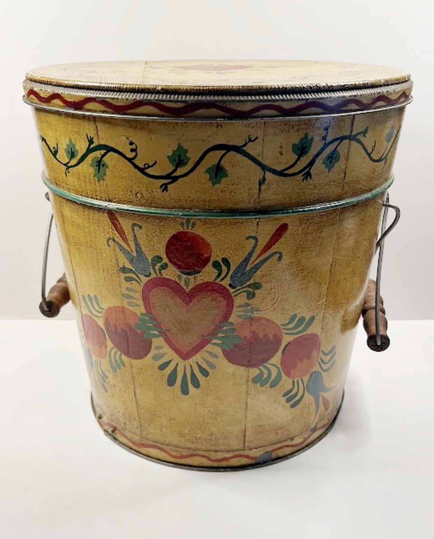 Antique Lidded Wooden Bucket Hand Painted Folk Art