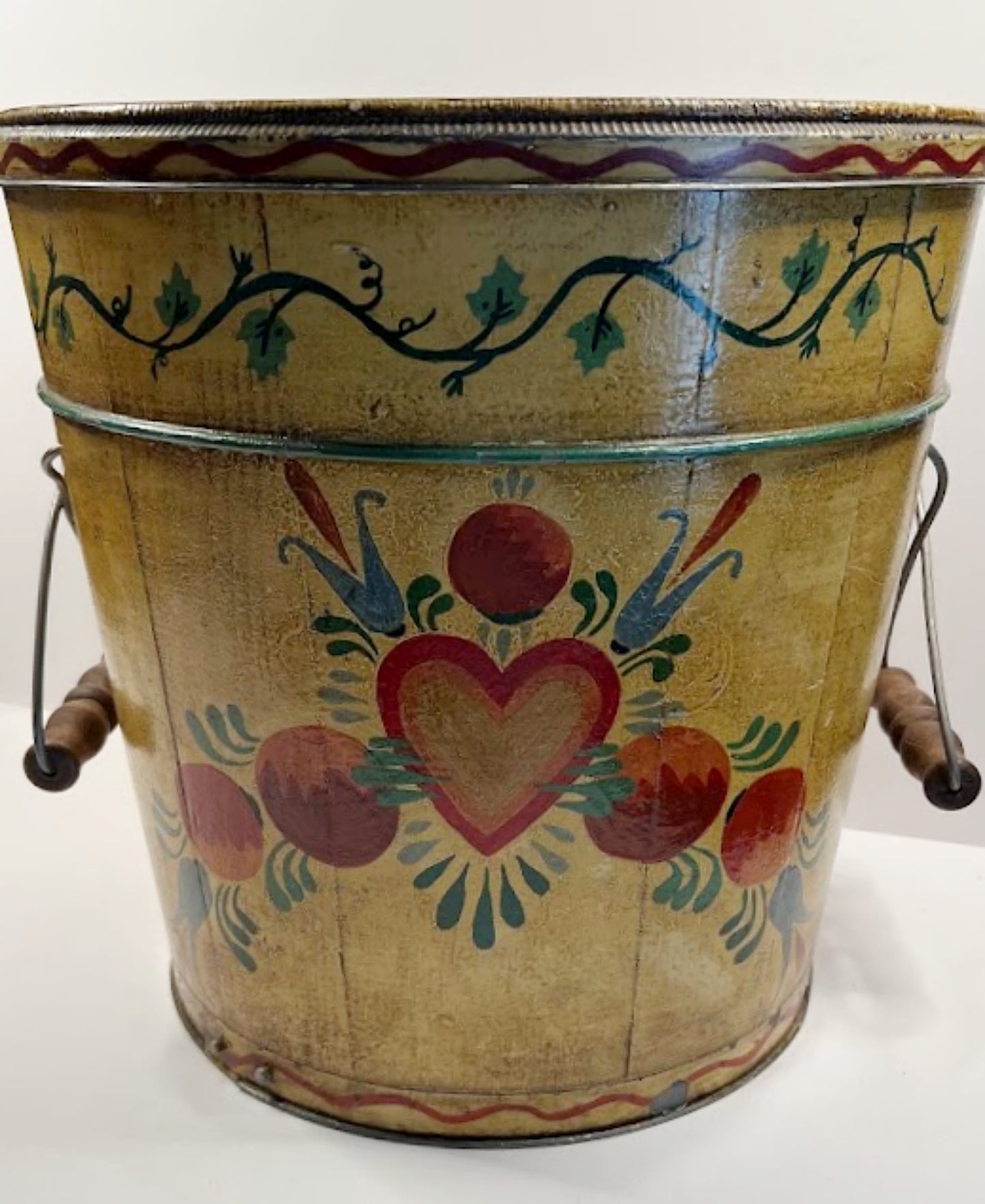Antique Lidded Wooden Bucket Hand Painted Folk Art