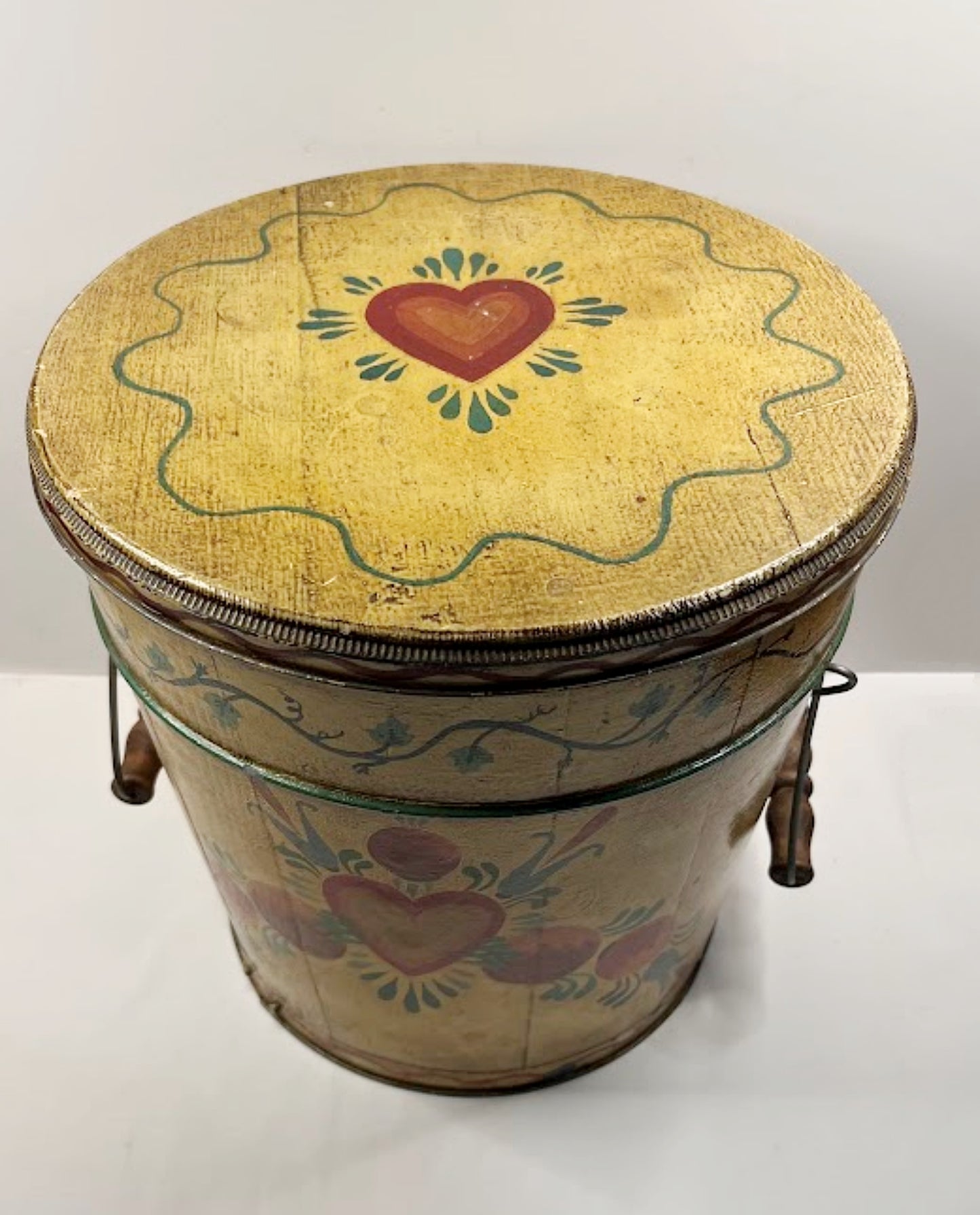 Antique Lidded Wooden Bucket Hand Painted Folk Art