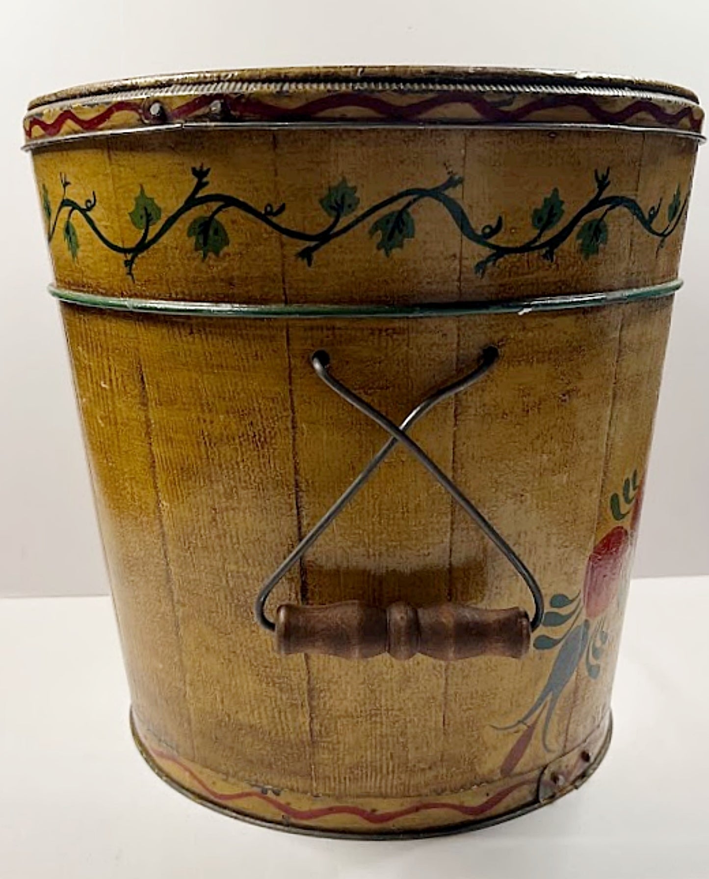 Antique Lidded Wooden Bucket Hand Painted Folk Art