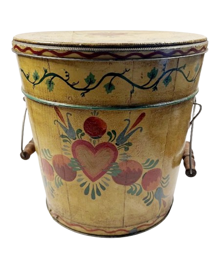 Antique Lidded Wooden Bucket Hand Painted Folk Art