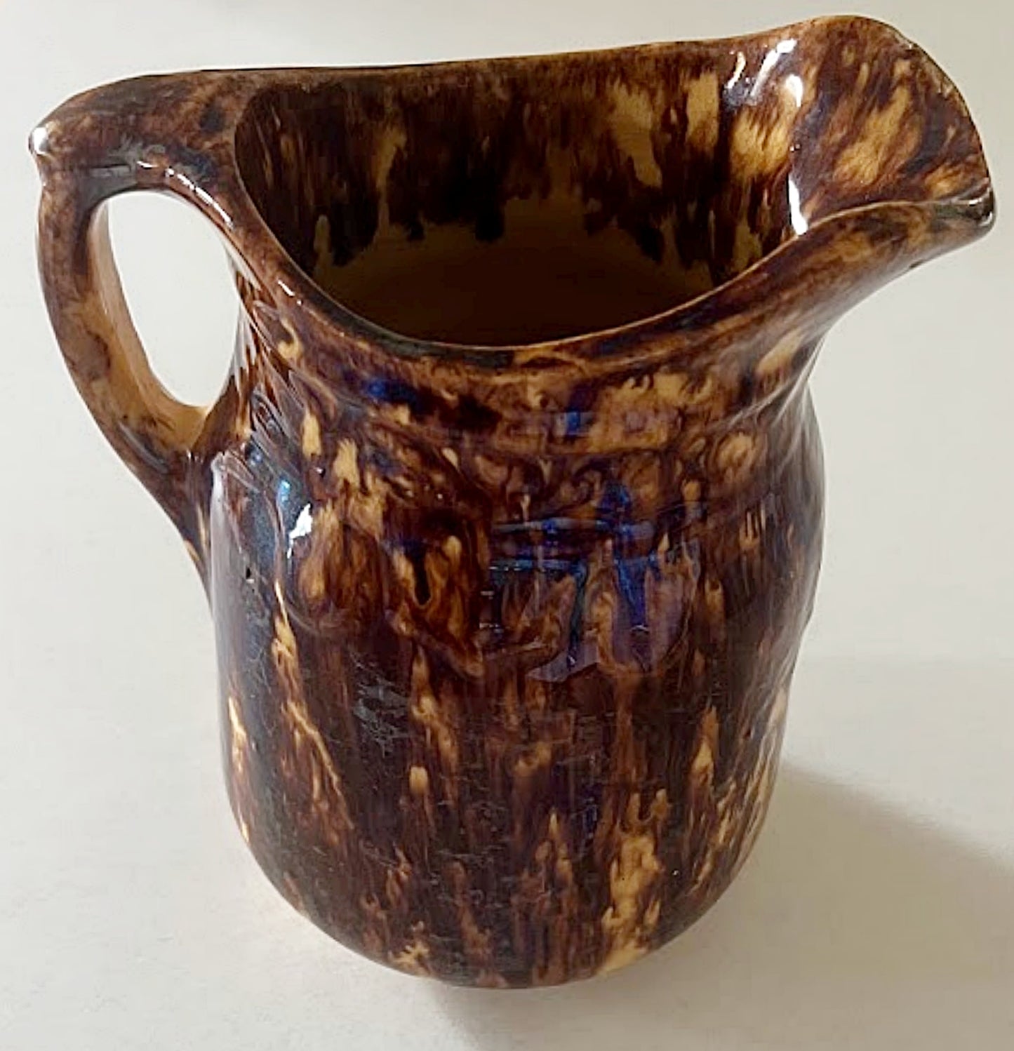Antique Yellow Ware Batter Pitcher with Rockingham Glaze