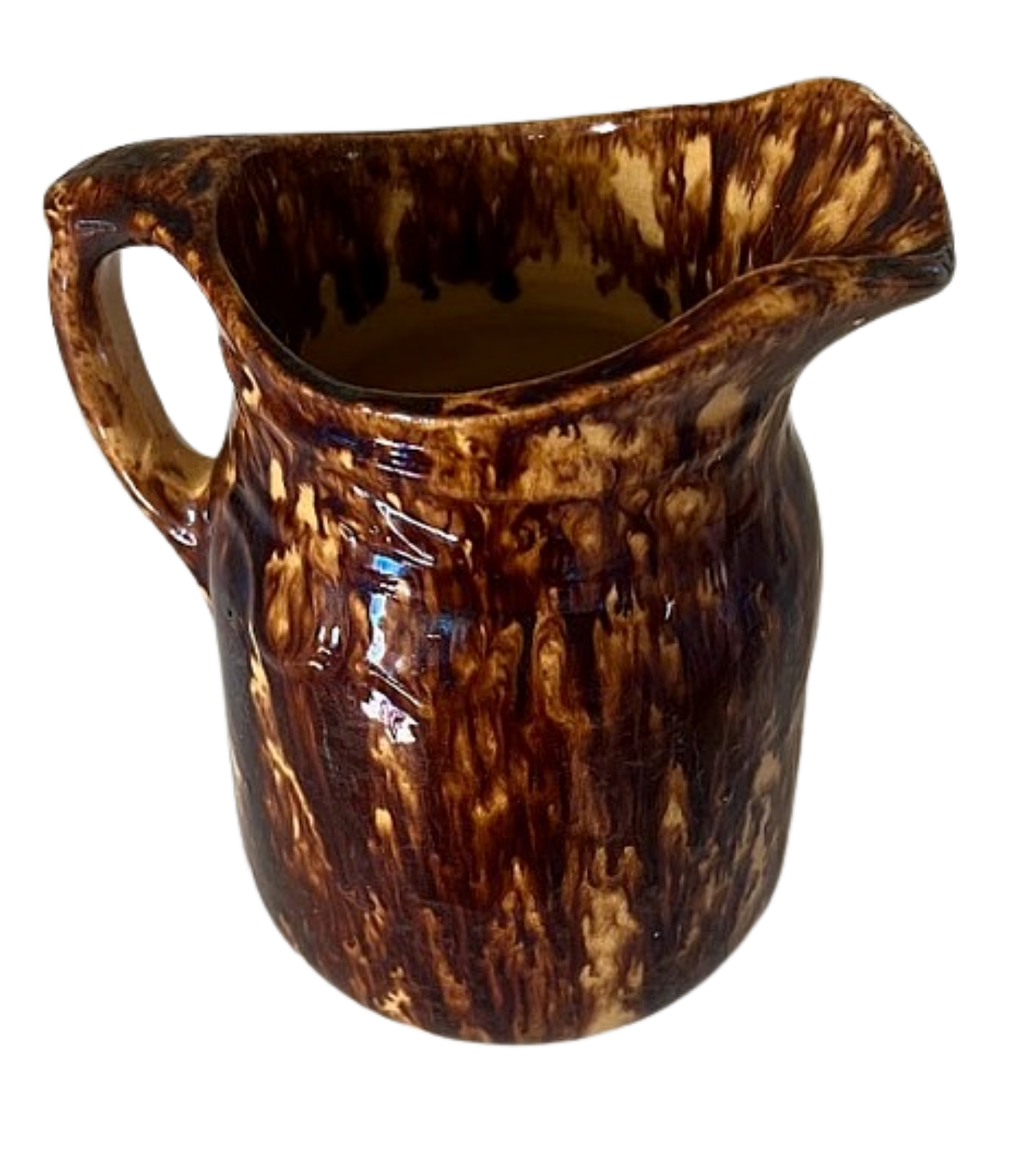 Antique Yellow Ware Batter Pitcher with Rockingham Glaze