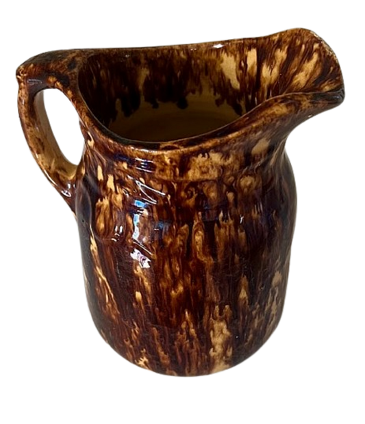 Antique Yellow Ware Batter Pitcher with Rockingham Glaze