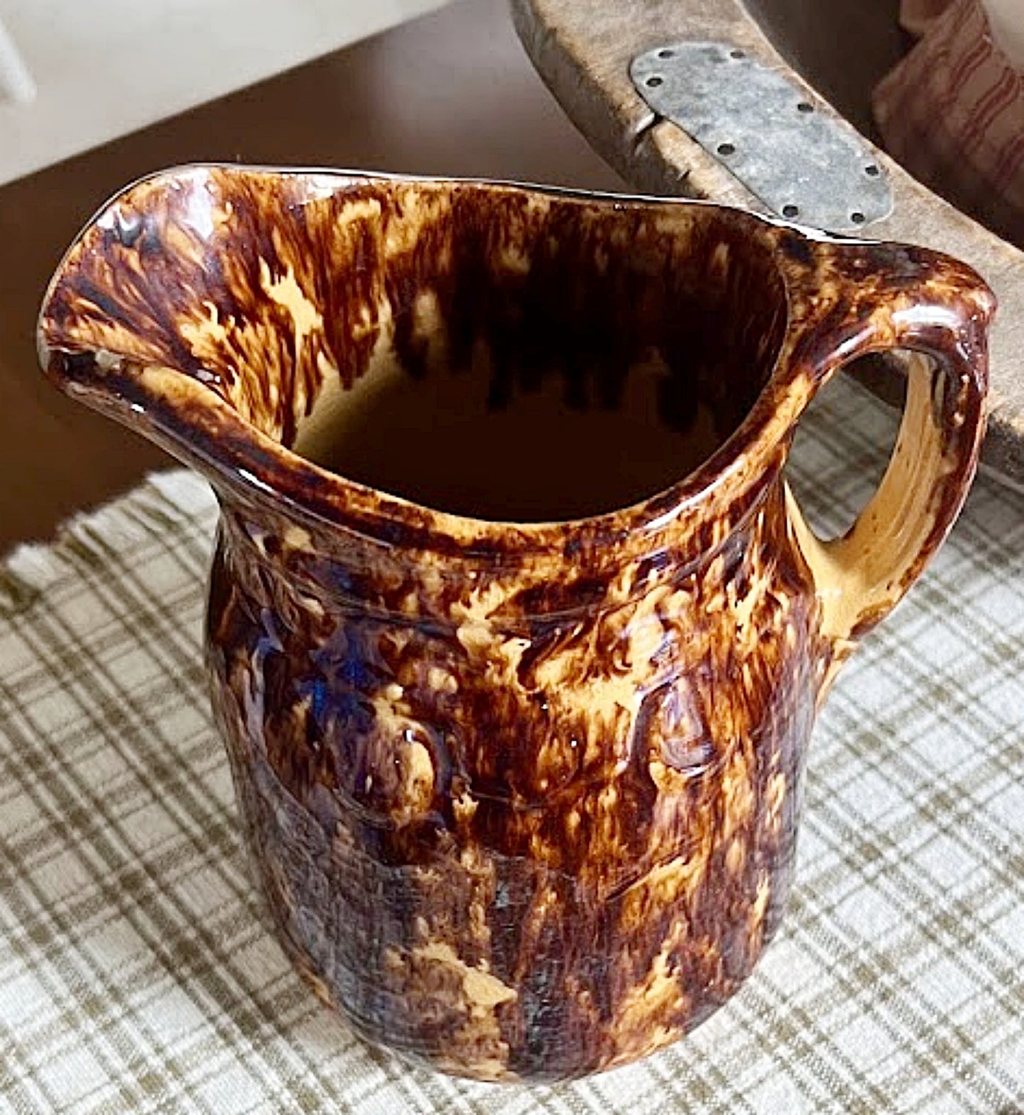 Antique Yellow Ware Batter Pitcher with Rockingham Glaze