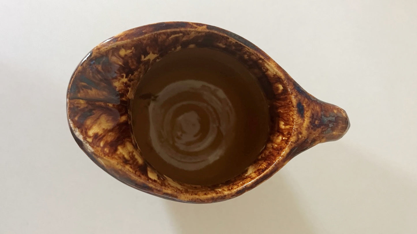 Antique Yellow Ware Batter Pitcher with Rockingham Glaze