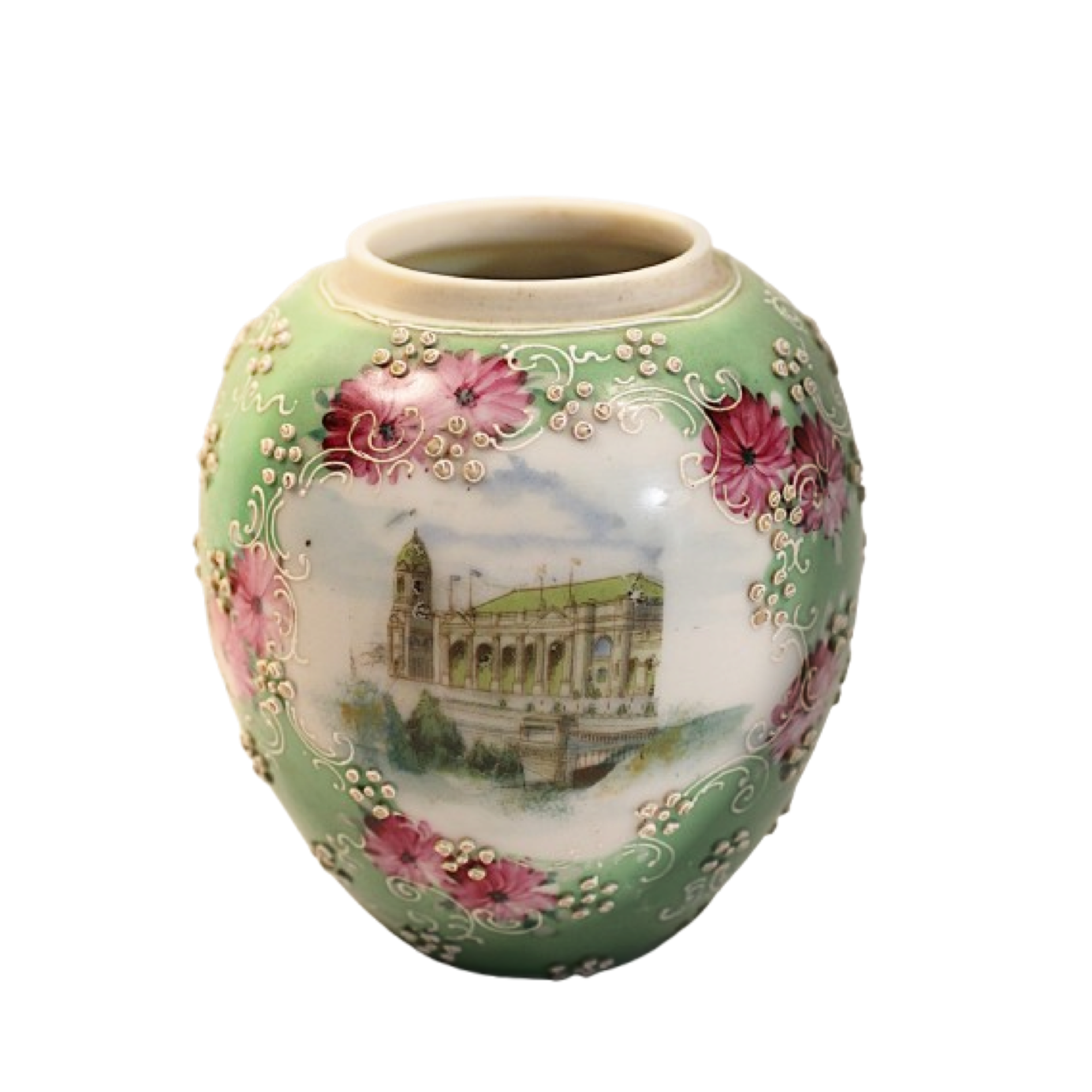 Decorative vase with floral design and architectural scene on a white background