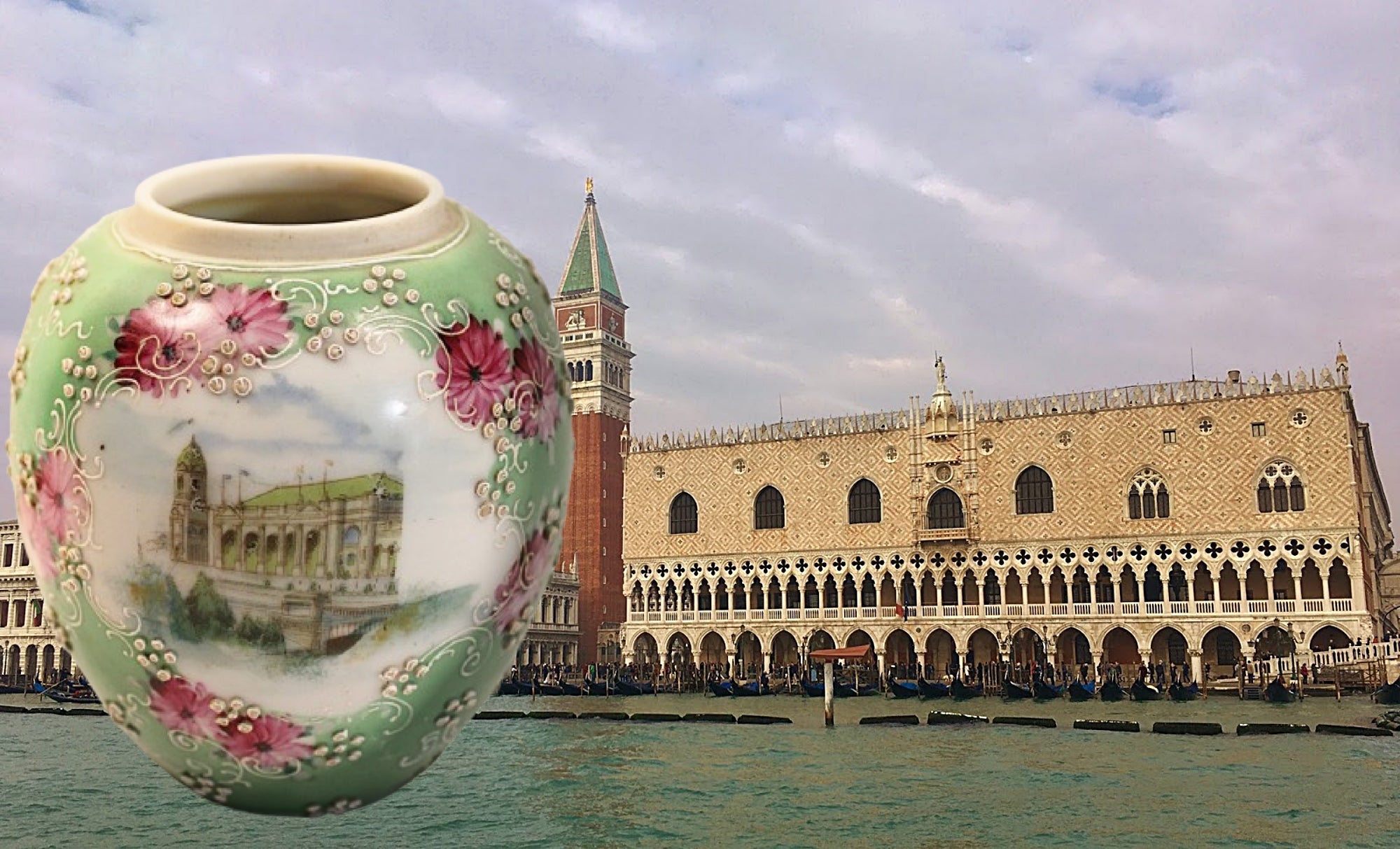 Decorative vase with floral design in front of a Venetian landmark