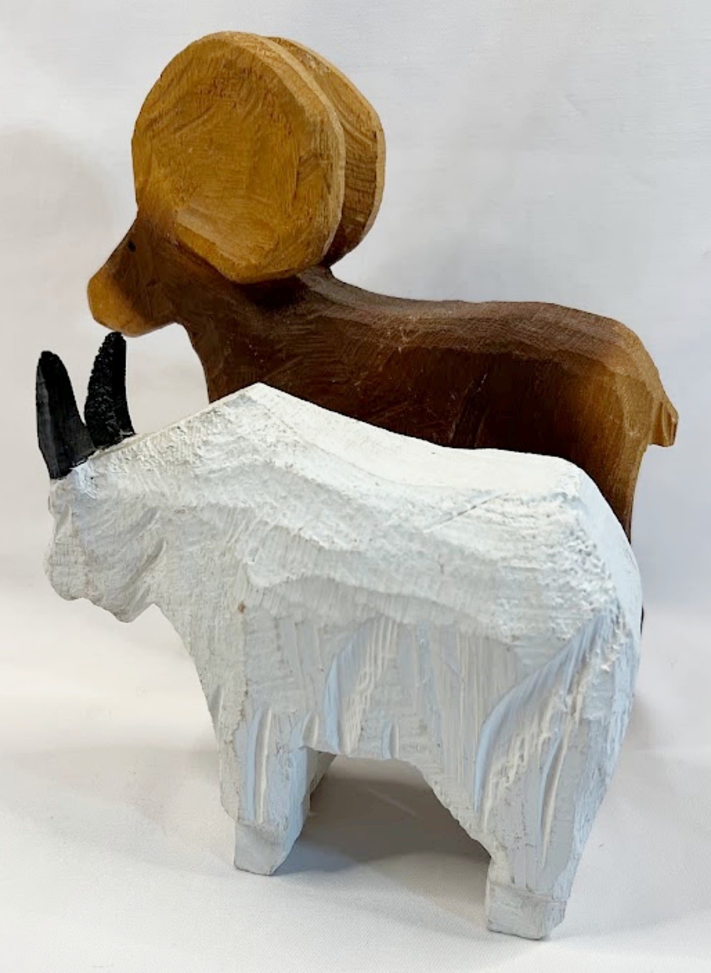 Vintage DENNIS SULLIVAN Chain Saw Carvings Wooden Goat and Sheep 1996