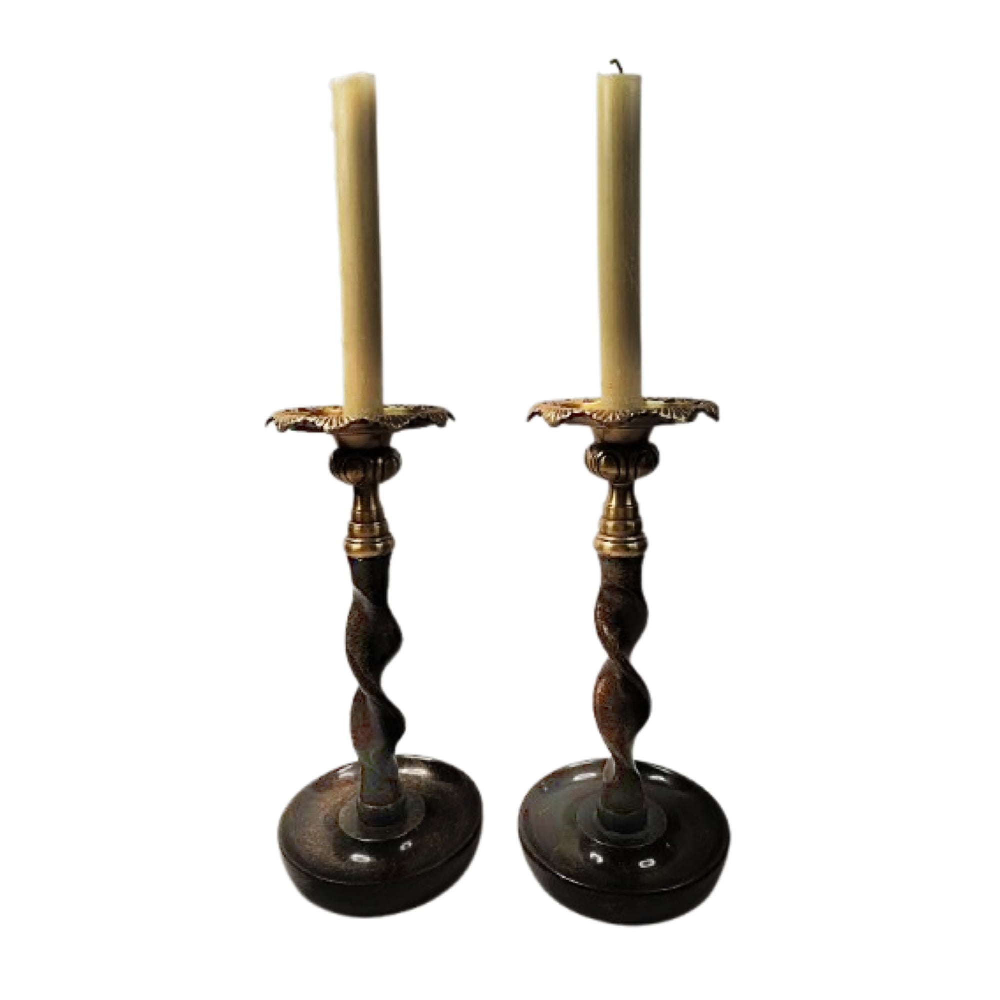 Candlestick Pair Solid Brass Barley Twist Stem Thistle Tops Main