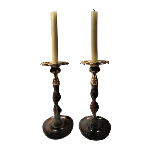 Candlestick Pair Solid Brass Barley Twist Stem Thistle Tops Main
