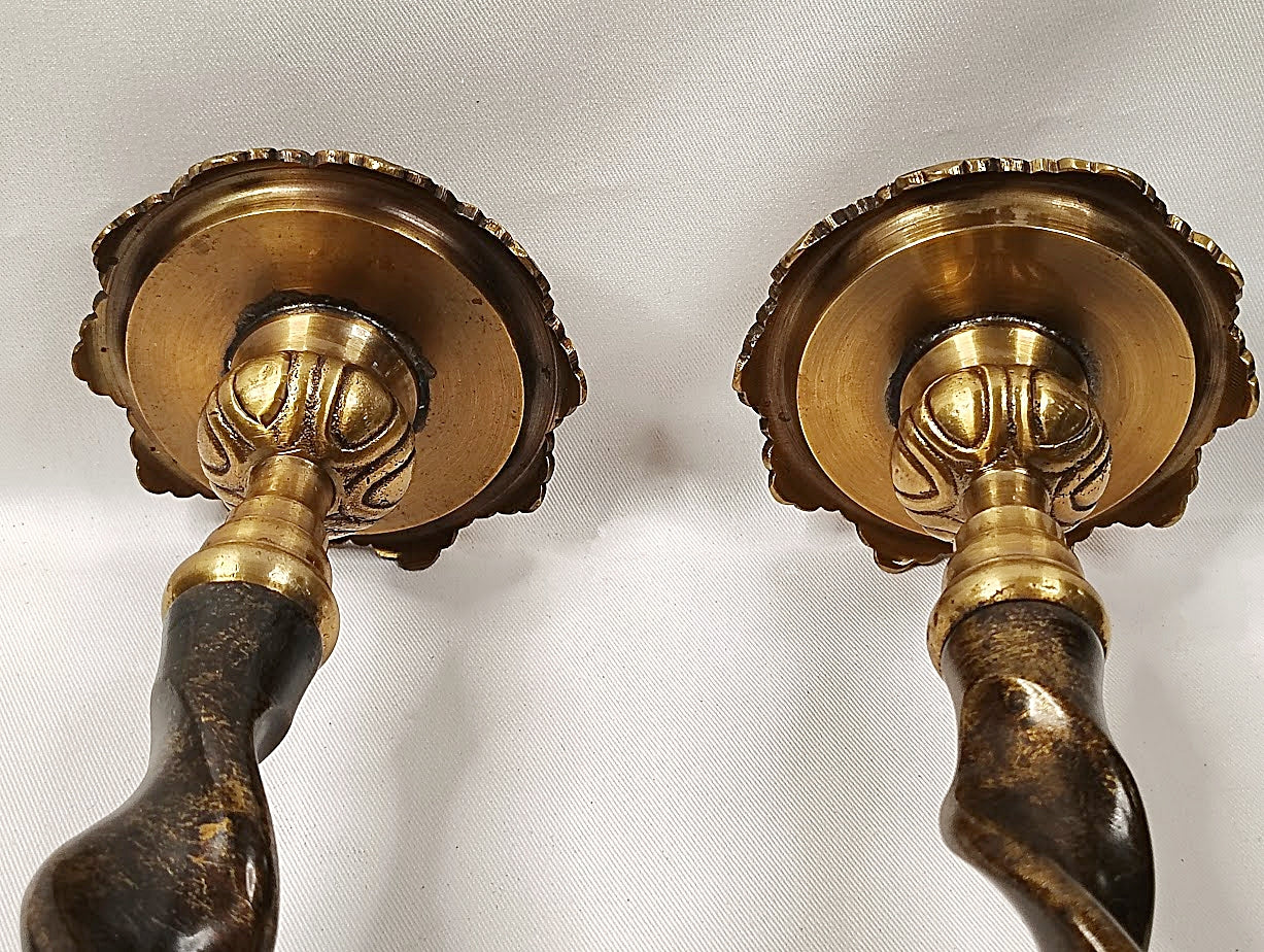 Candlestick Pair Solid Brass Barley Twist Stem Thistle Tops up under view