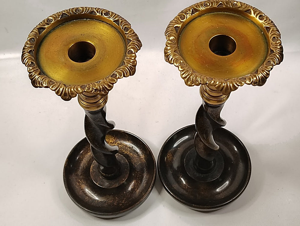 Candlestick Pair Solid Brass Barley Twist Stem Thistle Tops Tipped forward