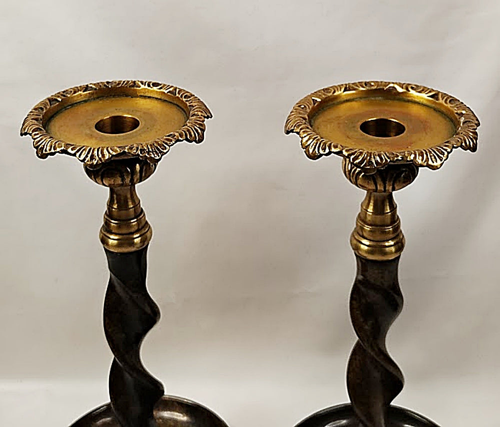Candlestick Pair Solid Brass Barley Twist Stem Thistle Tops empty